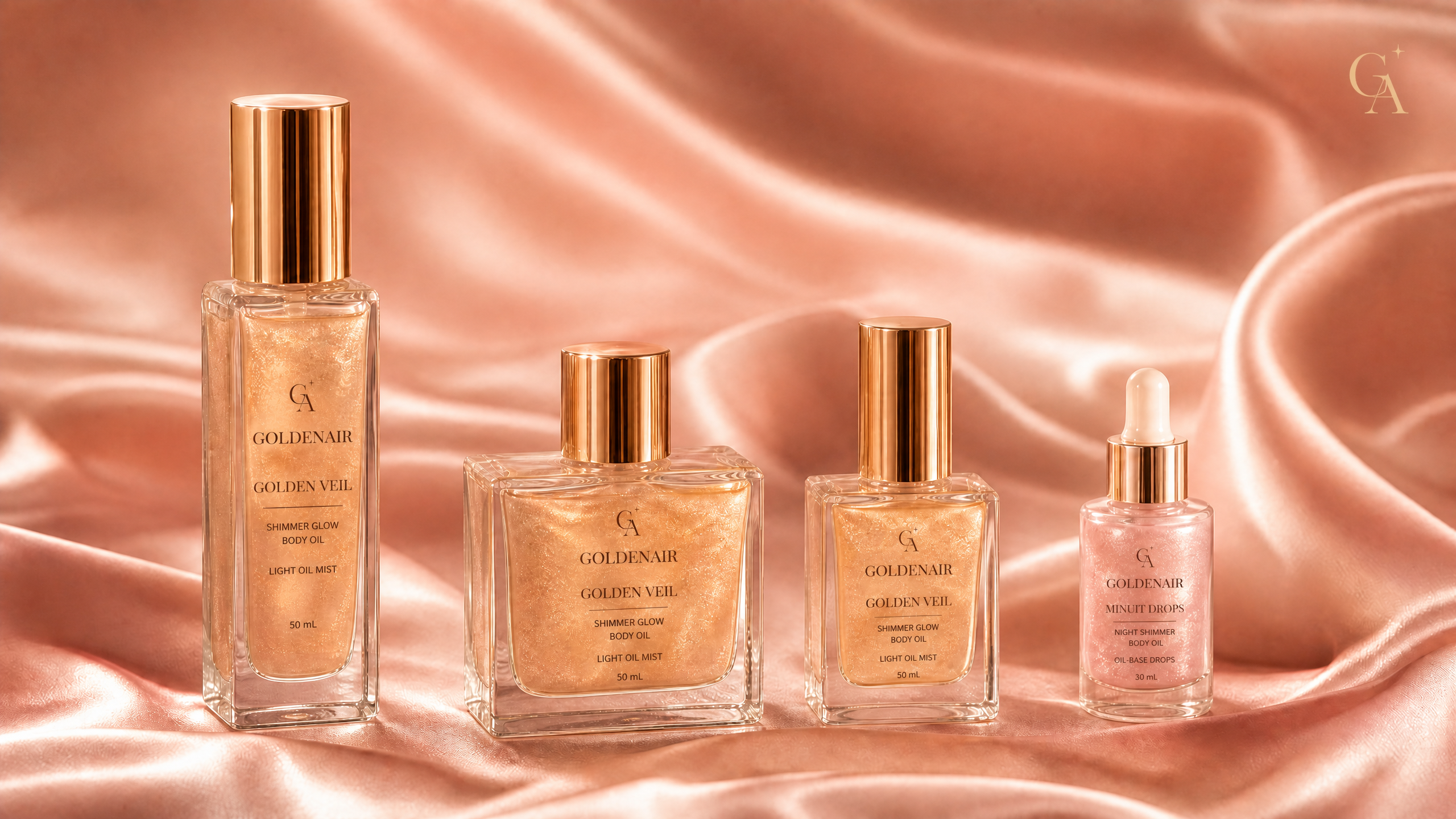 Four filled Goldenair bottle options: three 50 milliliter shimmer mists and one 30 milliliter dropper