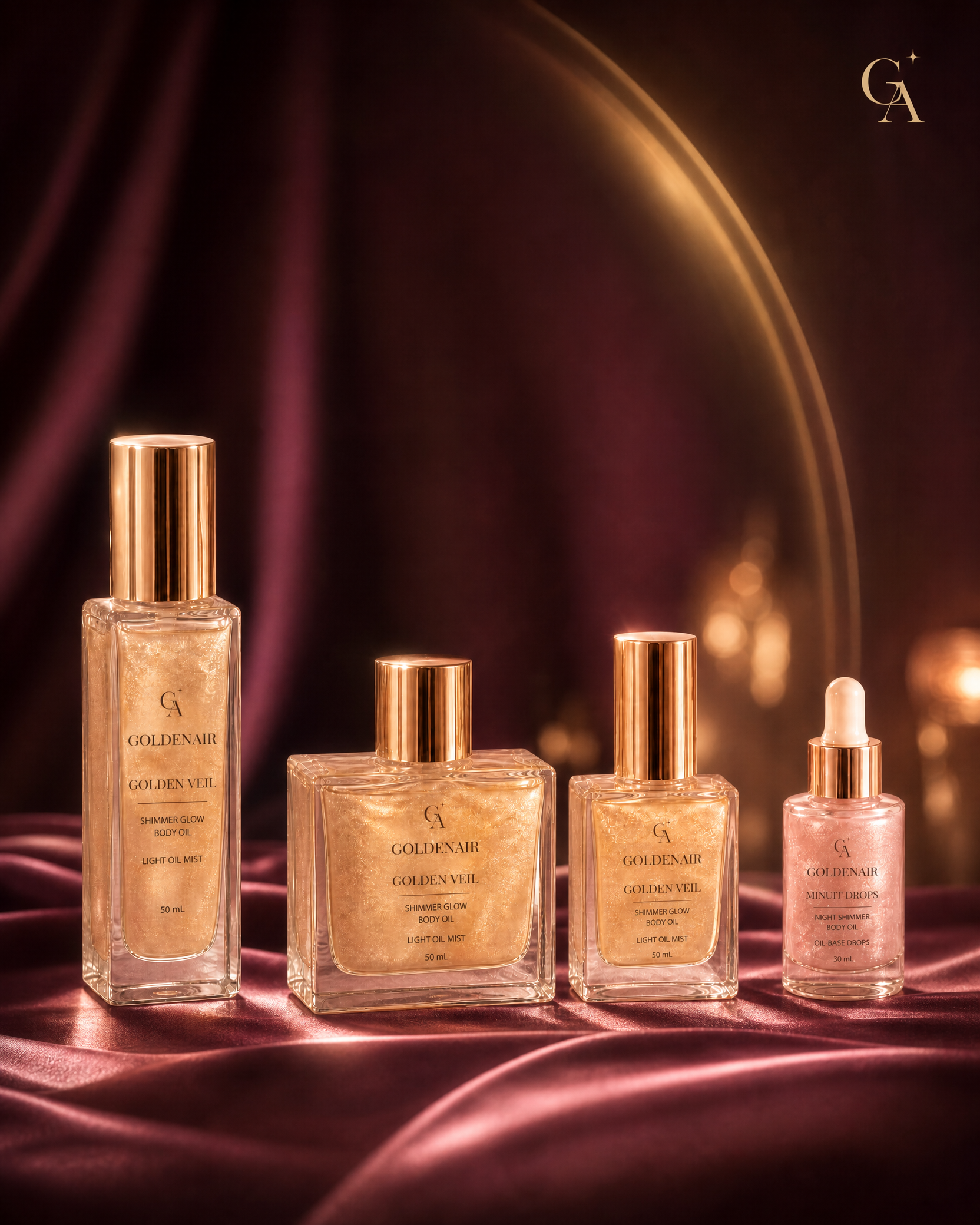 Goldenair four-bottle collection in a burgundy satin night-out setting